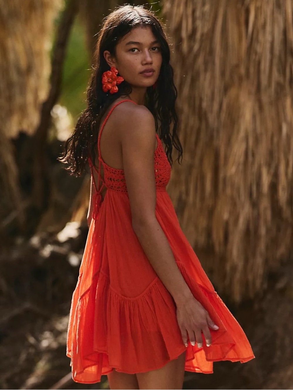 Free People Retro 70s Bohemian Crochet Sandoll Cotton Mini Dress Flame Small NWT